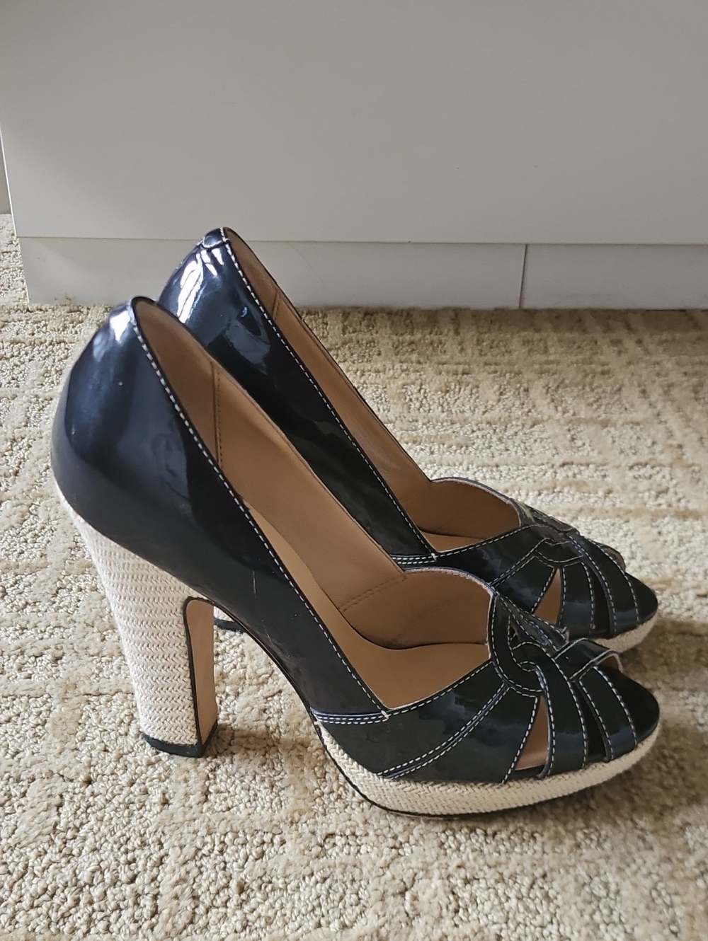 Cole Haan Black Patent Peep-Toe Platform Heels with Woven Tan Heel